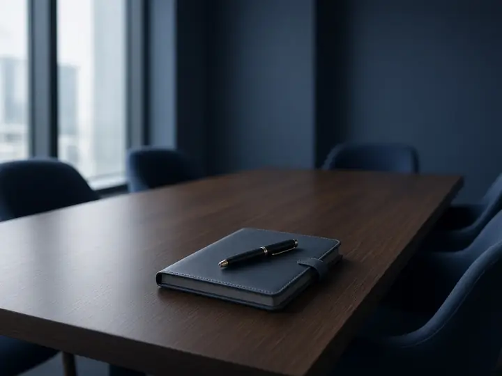Boardroom overlooking a forest at dusk